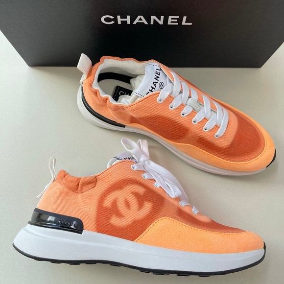 CHANEL Shoes Chanel Denim Suede Calfskin Neon Orange Cc Logo 